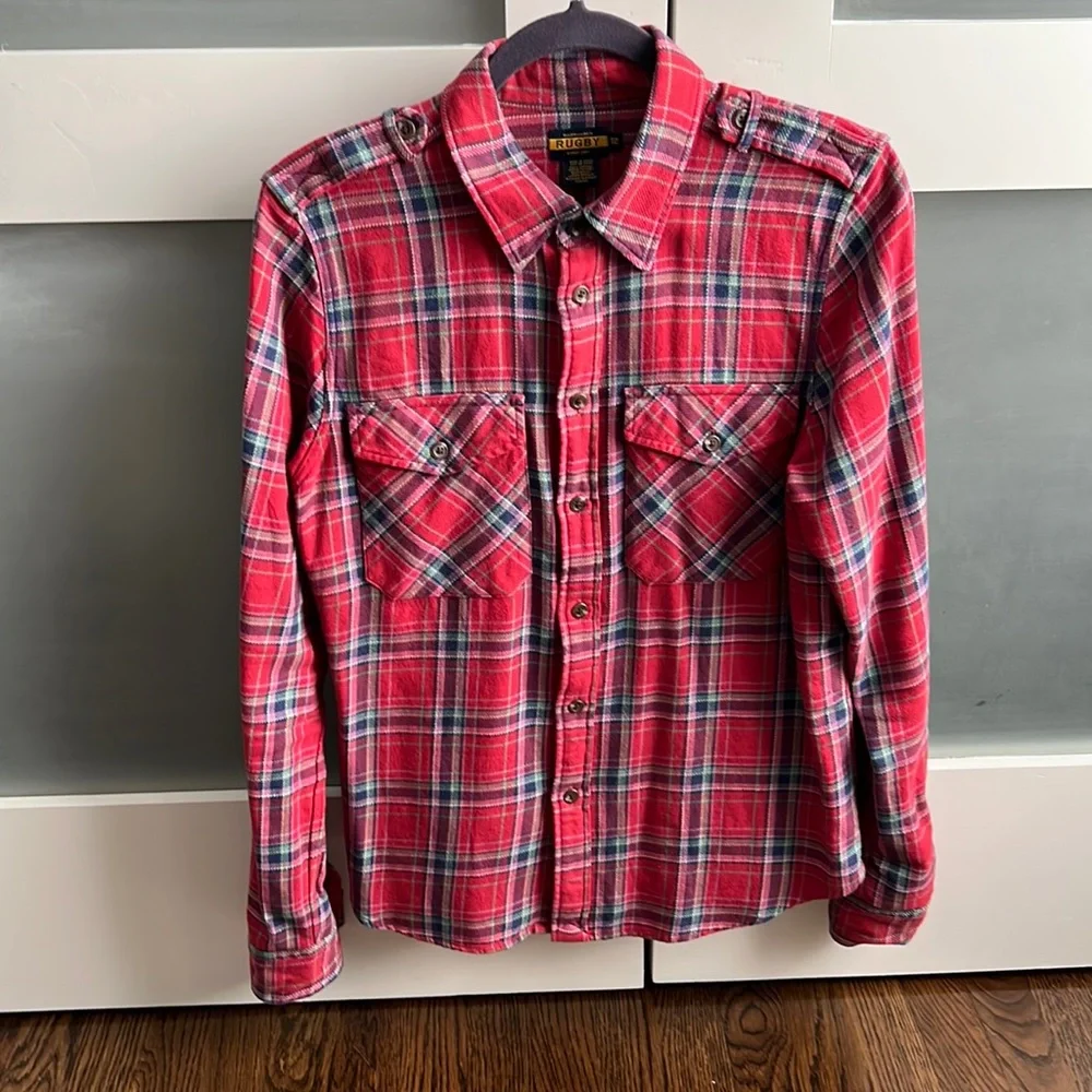 Rugby by Ralph Lauren Plaid Multicolor Cotton Flannel Top. Size 12 Slim Fit - Picture 1 of 8